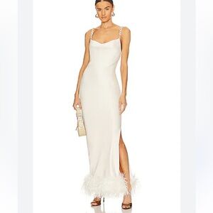 Bubish Farah Feather Trim Slip Dress White satin Cream gown bridal Revolve NWT M